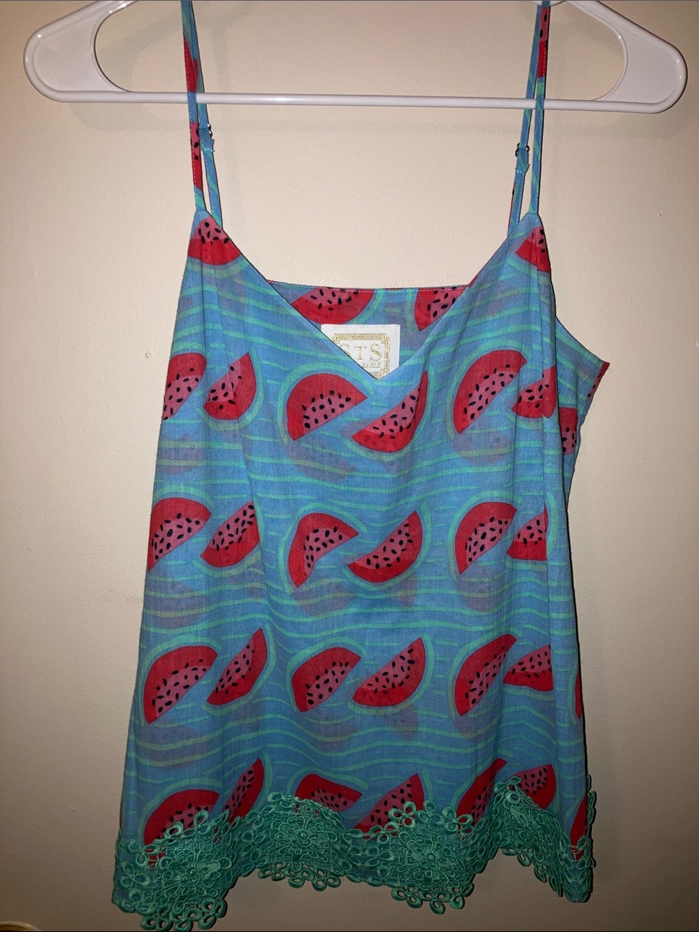 Sail to Sable Blue Watermelon Print Cami Tank with Green Lace Trim Small